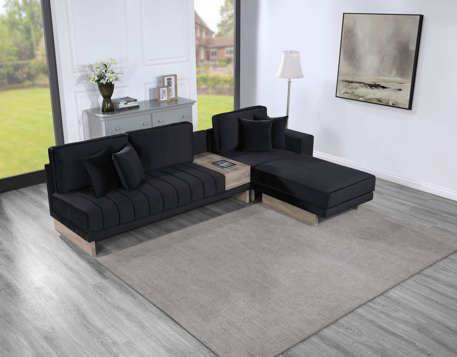 Memphis 122.5'W Black Velvet Reversible Sectional Sofa Ottoman with Storage Compartment, Drawer, USB ports, Charging Outlets - primary color shot