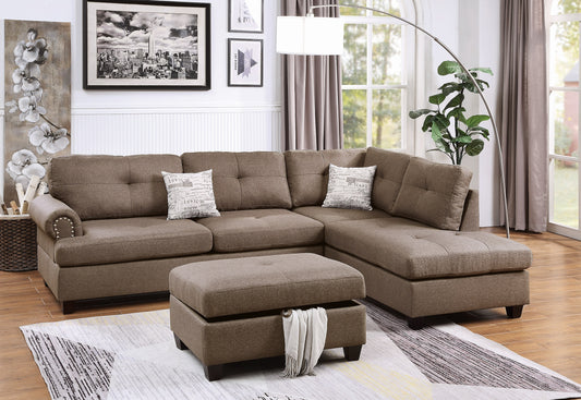 Contemporary 3-pcs Sectional Sofa Mocha Dorris Fabric Cushion Sofa Chaise Ottoman Reversible Couch Pillows - primary color shot