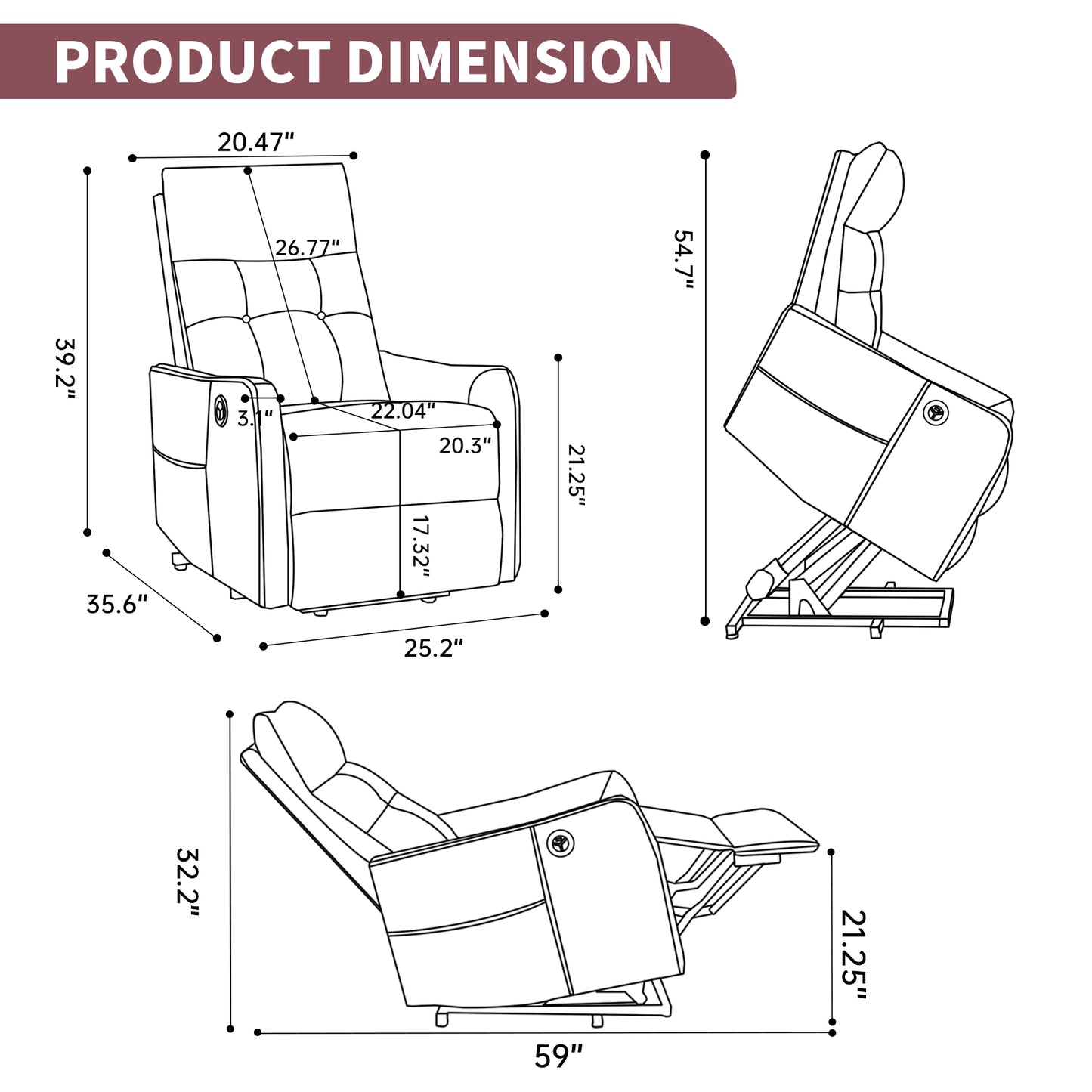 Wine Red PU Single Motor Power Lift Recliner Chair with Massage and Heat for Elderly - detail view 3
