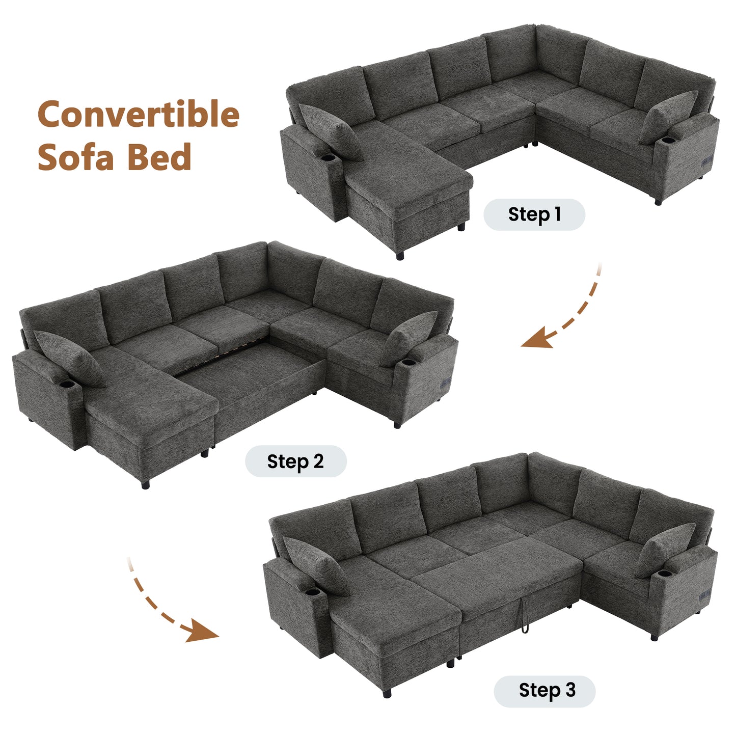 Versatile U-Shaped Sectional Bed with Storage - Grey - detail view 5