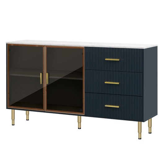 TREXM Modern Sideboard MDF Buffet Cabinet with Marble Sticker Tabletop - Navy Blue - primary color shot