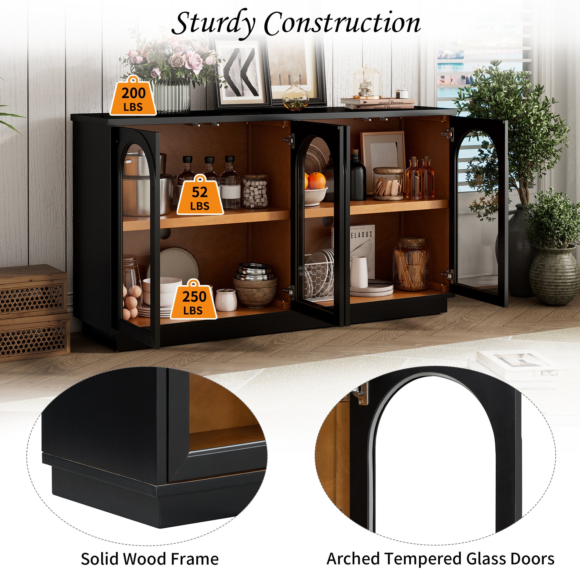 TREXM 4-Door Large Storage Buffet Cabinet with Glass Doors - Black - detail view 8