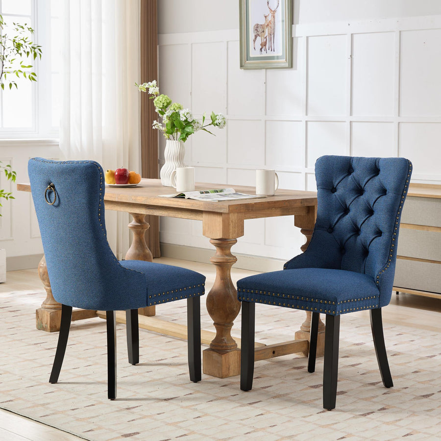 Blue Fabric Tufted Nailhead Trim Dining Chairs with Wood Legs (Set of 2)
