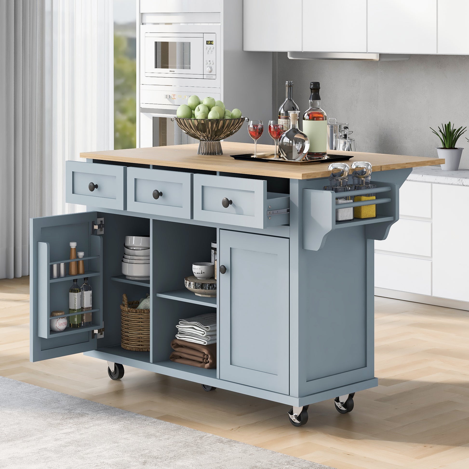 Kitchen Cart with Rubber Wood Drop-Leaf Countertop - Blue - detail view 2