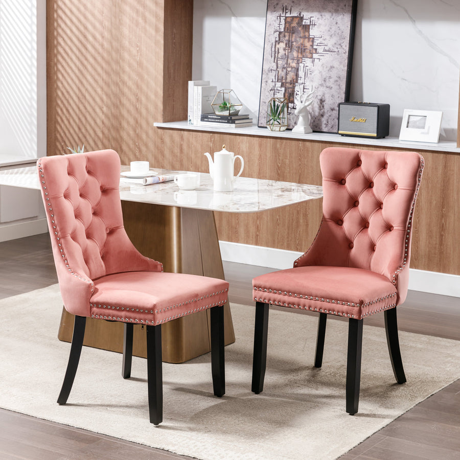 Pink Velvet Tufted Nailhead Trim Dining Chairs with Wood Legs (Set of 2)