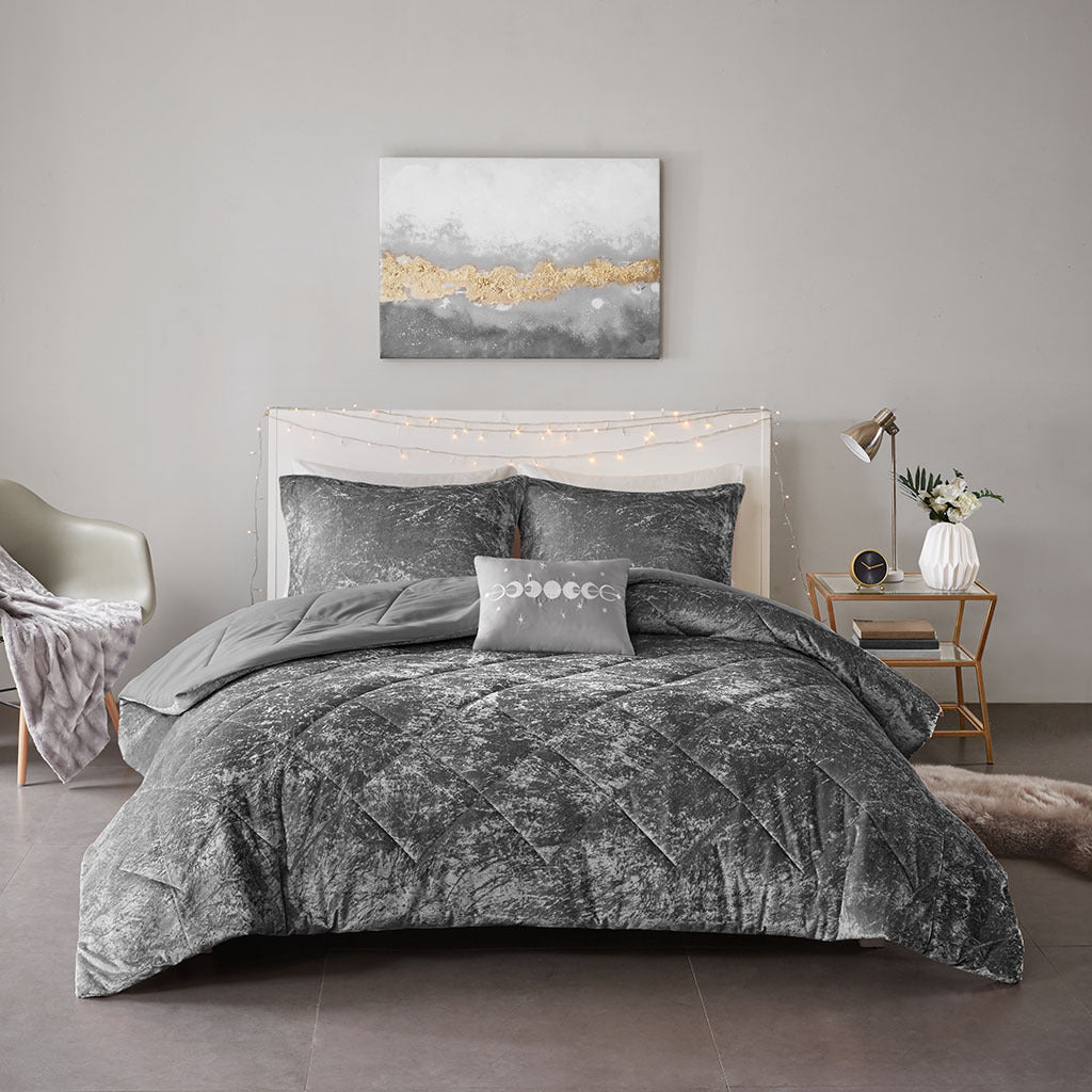Gray Velvet Comforter Set with Throw Pillow