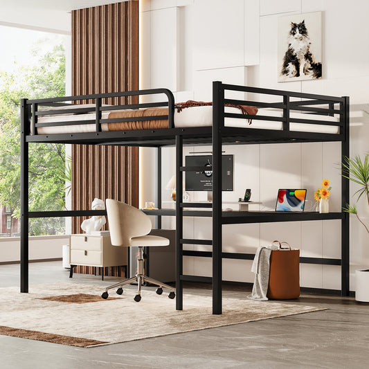 Metal Queen Size Loft Bed with Power Outlet and LED Lighted - Black - detail view 2