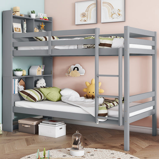 Twin over Twin Bunk Bed with Shelves - Grey - primary color shot