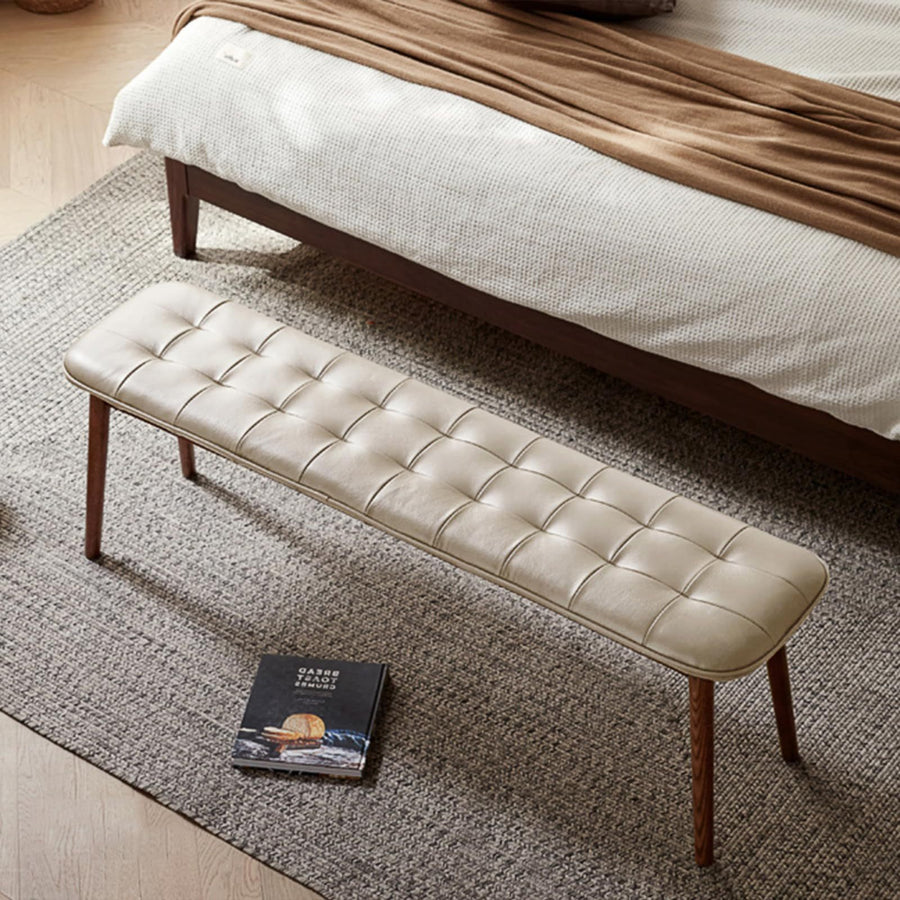 (off White) Natural Oak Wood for Dining Bench Table Bench - White+walnut - detail view 3