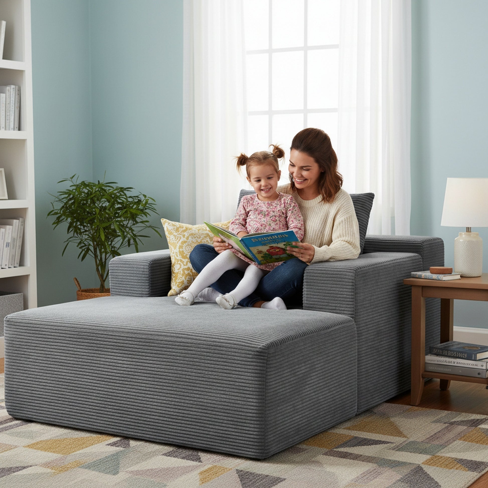 Convertible Chaise Lounge Chair Indoor – Oversized Corduroy Couch with Wide Armrest & Throw Pillows - Grey - detail view 5