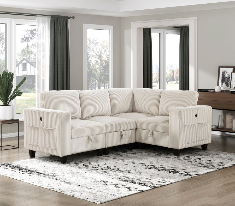 4-Piece Modular Sectional with Storage Seats, Side Pockets, Charging Ports Beige Corduroy Fabric Modern Living Room Sectional Couch Solid Wood Furniture - primary color shot