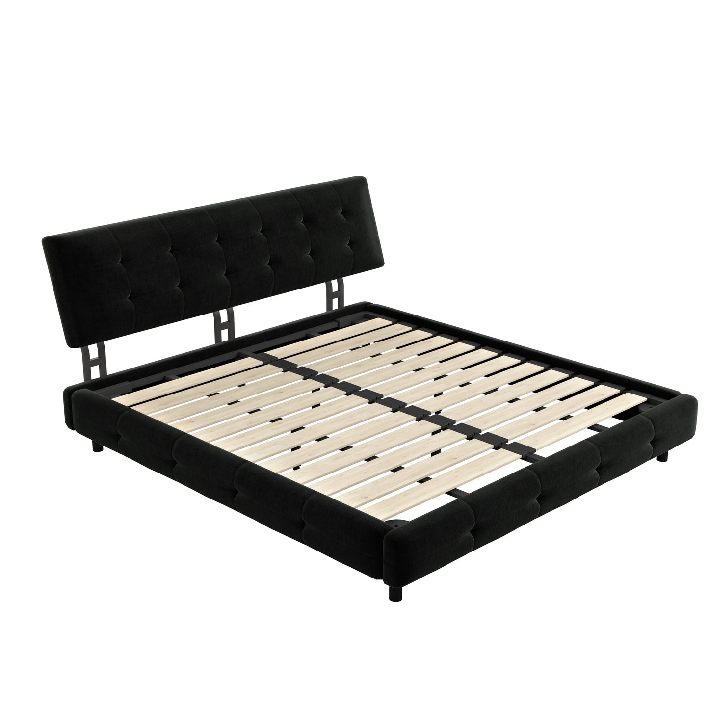 King Size Bed Frame,Tufted Headboard with Extra-Large Ultra-Soft Cloud Pillow Design,Chenille Platform Bed with Metal and Wooden Slats Double Support,Solid and Stable,Noise-Free,Black