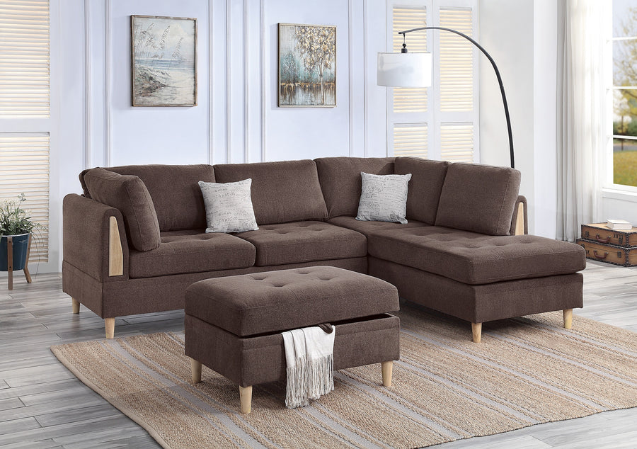3-PCS Reversible Sectional Set Living Room Furniture Chocolate Color Chenille Couch Sofa, Reversible Chaise Ottoman - primary image