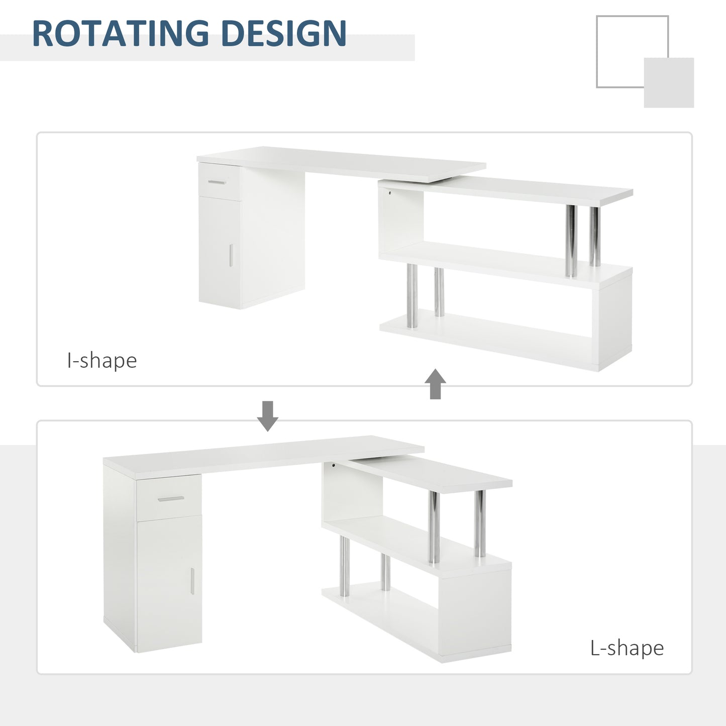 Ellery Rotating Computer Desk, 55" L-Shaped Desk, Corner Desk with Storage Shelves, White