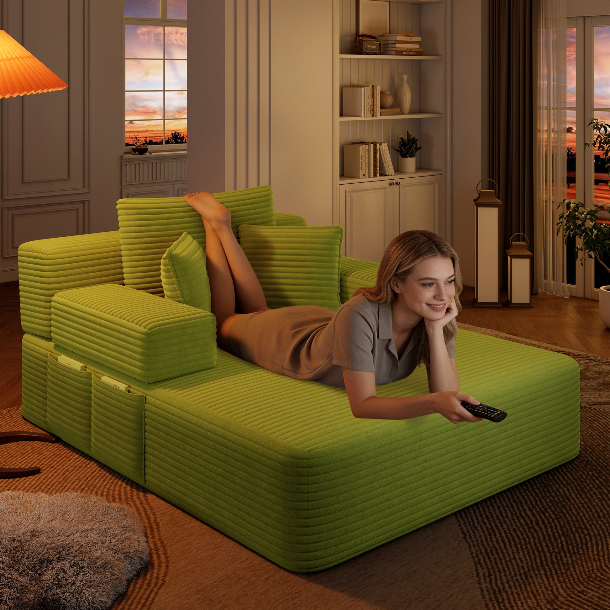 Luxurious Plush Corduroy Chaise Lounge with 3 Pillows - Green - detail view 6
