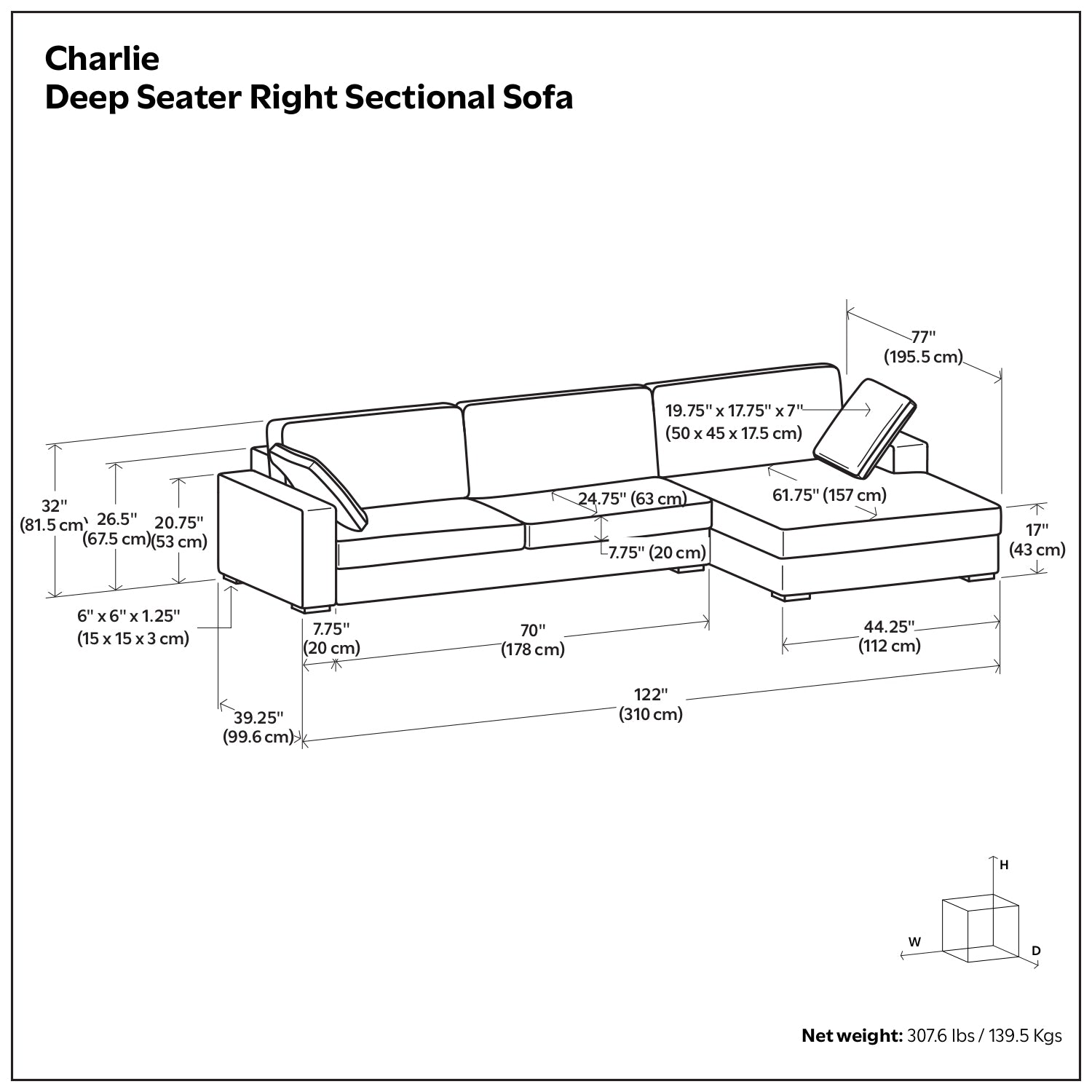 Charlie Deep Seater Right Sectional Sofa in Cream Performance Fabric with High-Density Foam Cushions and Solid Wood Frame - detail view 3