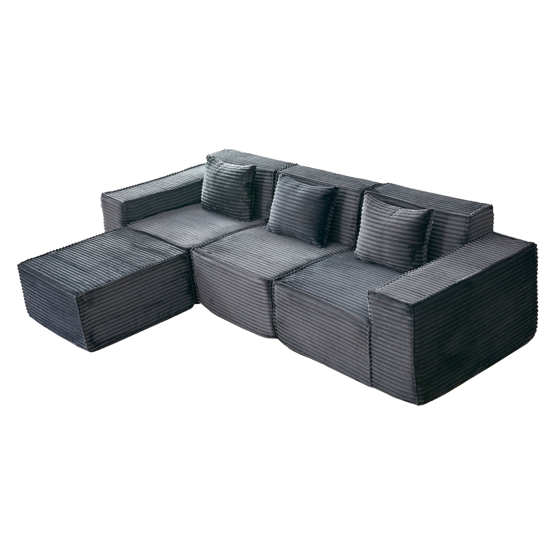 L-Shaped Modular Sectional Sofa, 3-Seater with Ottoman, Striped Corduroy Fabric, High-Density Foam For Home, Apartment, Office (Dark Gray) - detail view 5