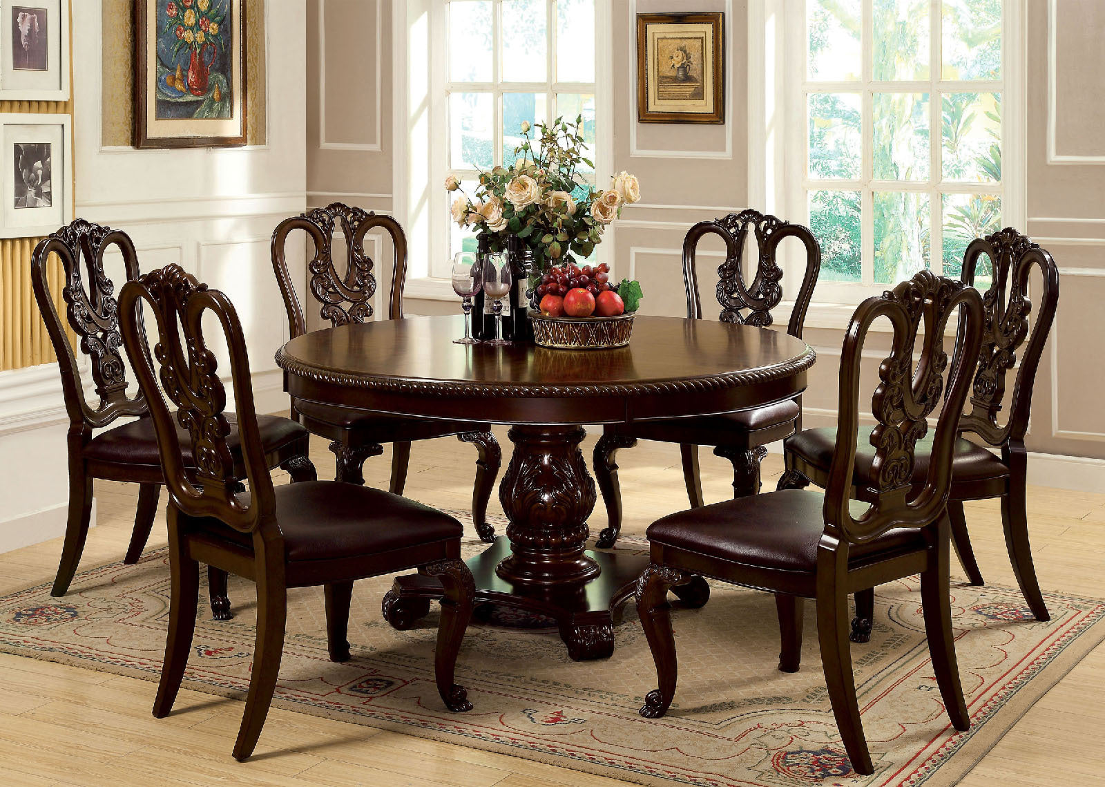 Jurikson Traditional Wood Carved Dining Chairs Set of 2 Brown Cherry