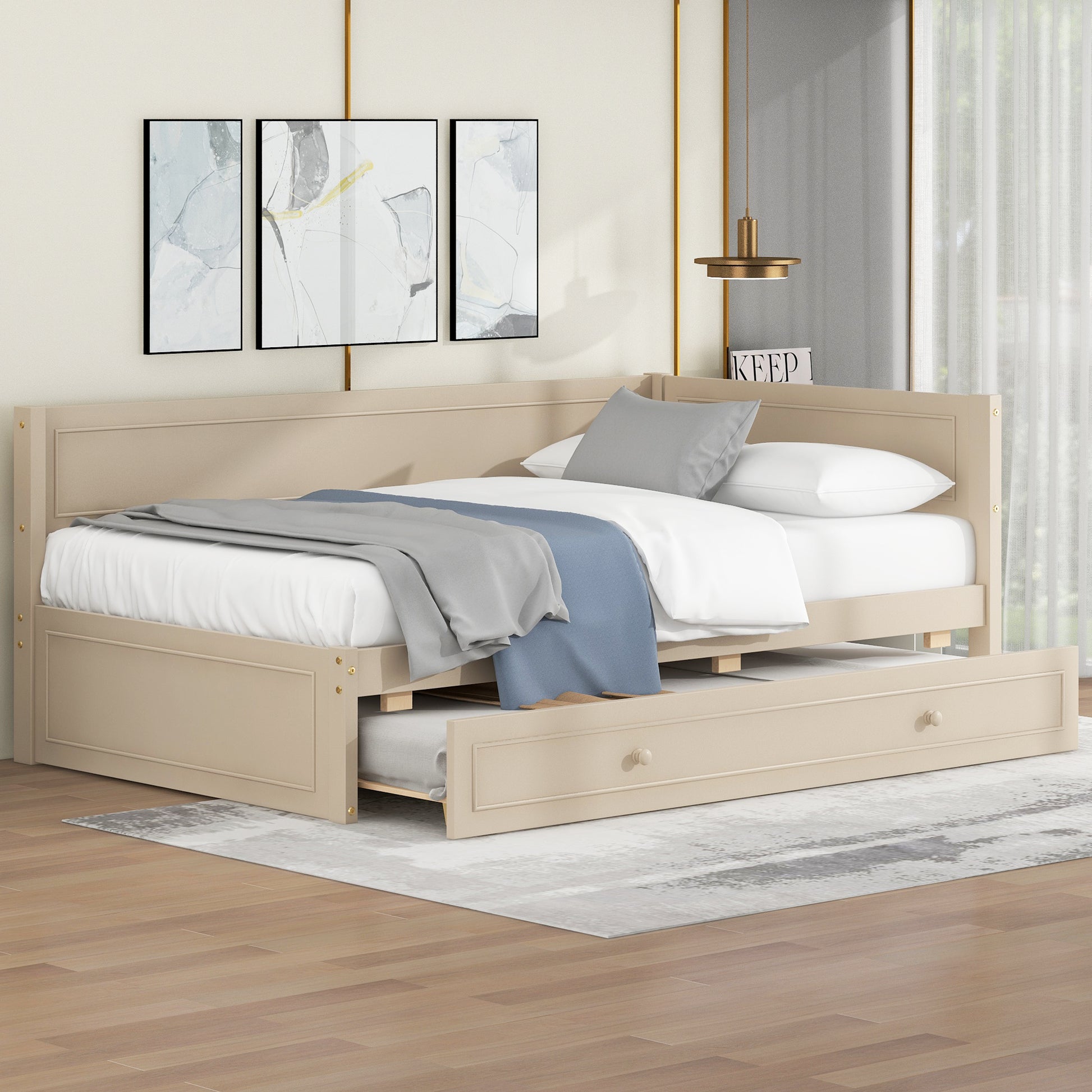 Damaris Twin Size Wood Daybed with Trundle and Guardrail, Beige