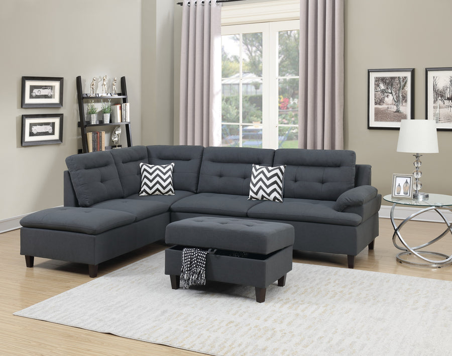 Living Room Furniture Charcoal Cushion Sectional w Ottoman Linen Like Fabric Sofa Chaise - primary color shot