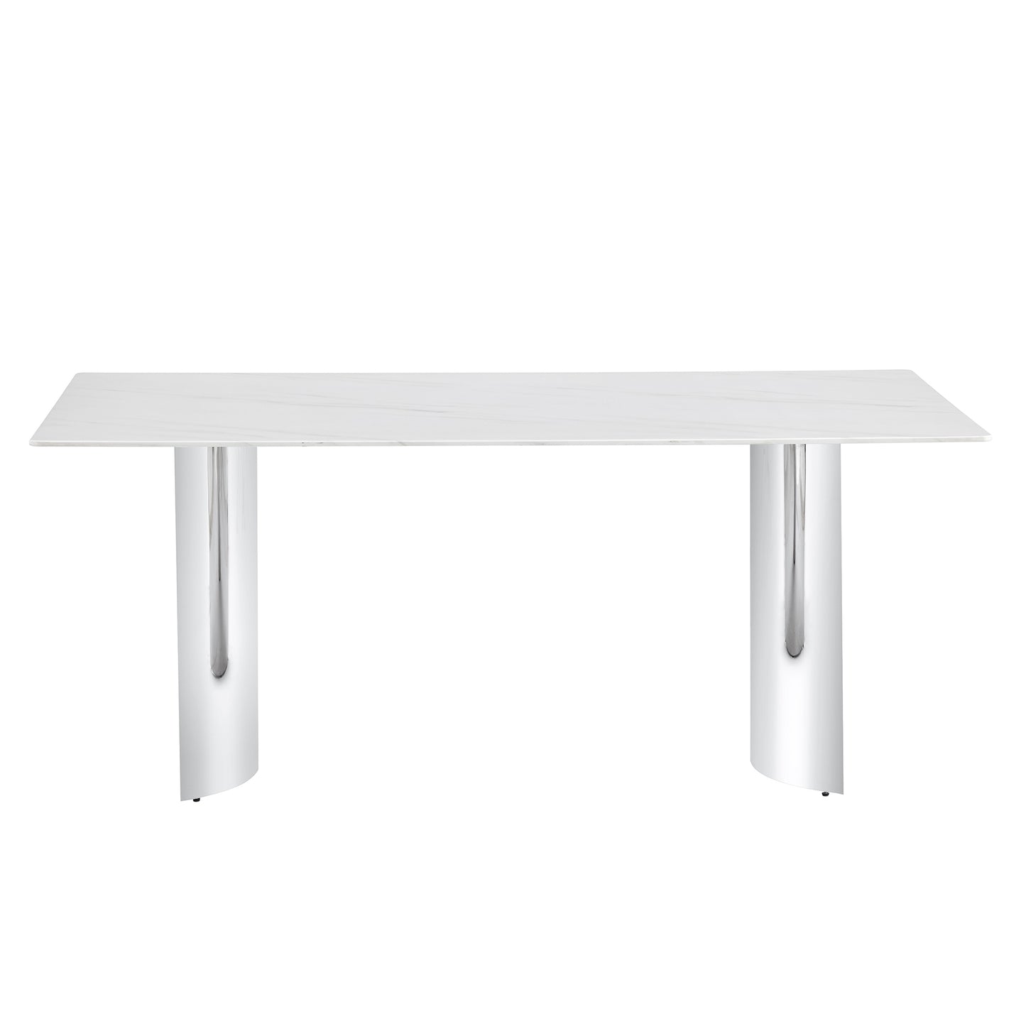 Modern Minimalist Dining Table with White Imitation Marble Glass Surface & Silver Metal Legs - detail view 6
