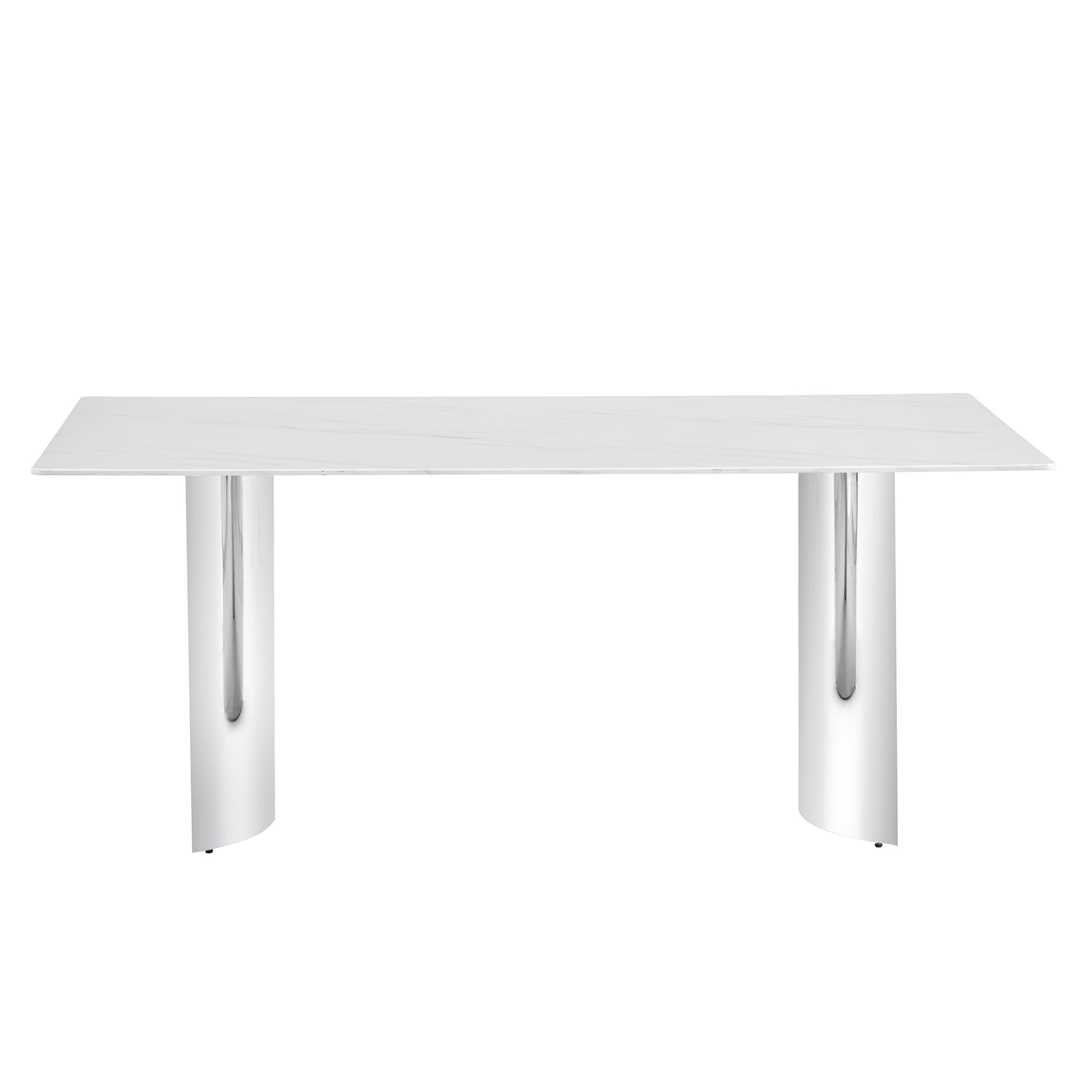 Modern Minimalist Dining Table with White Imitation Marble Glass Surface & Silver Metal Legs - detail view 6