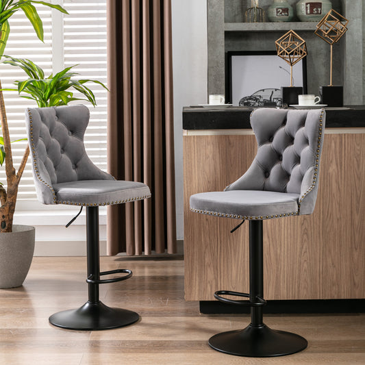 Gray Velvet Tufted Bar Stool (Set of 2)