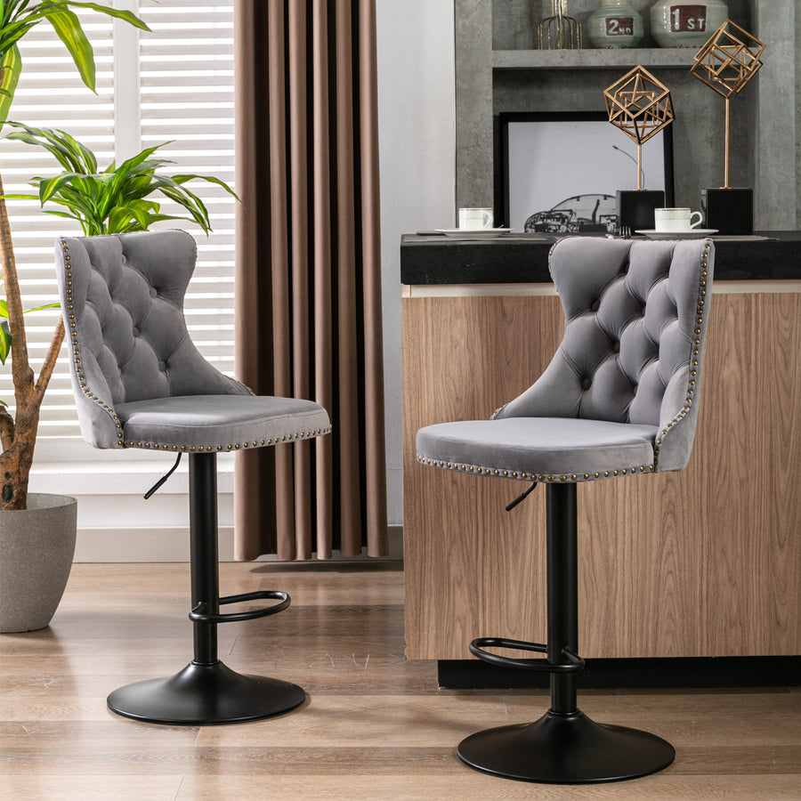 Gray Velvet Tufted Bar Stool (Set of 2)