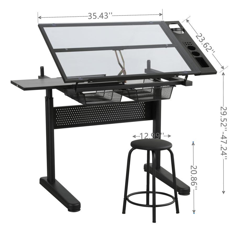 Malachai Hand Crank Adjustable Drafting Desk with Stool, Black