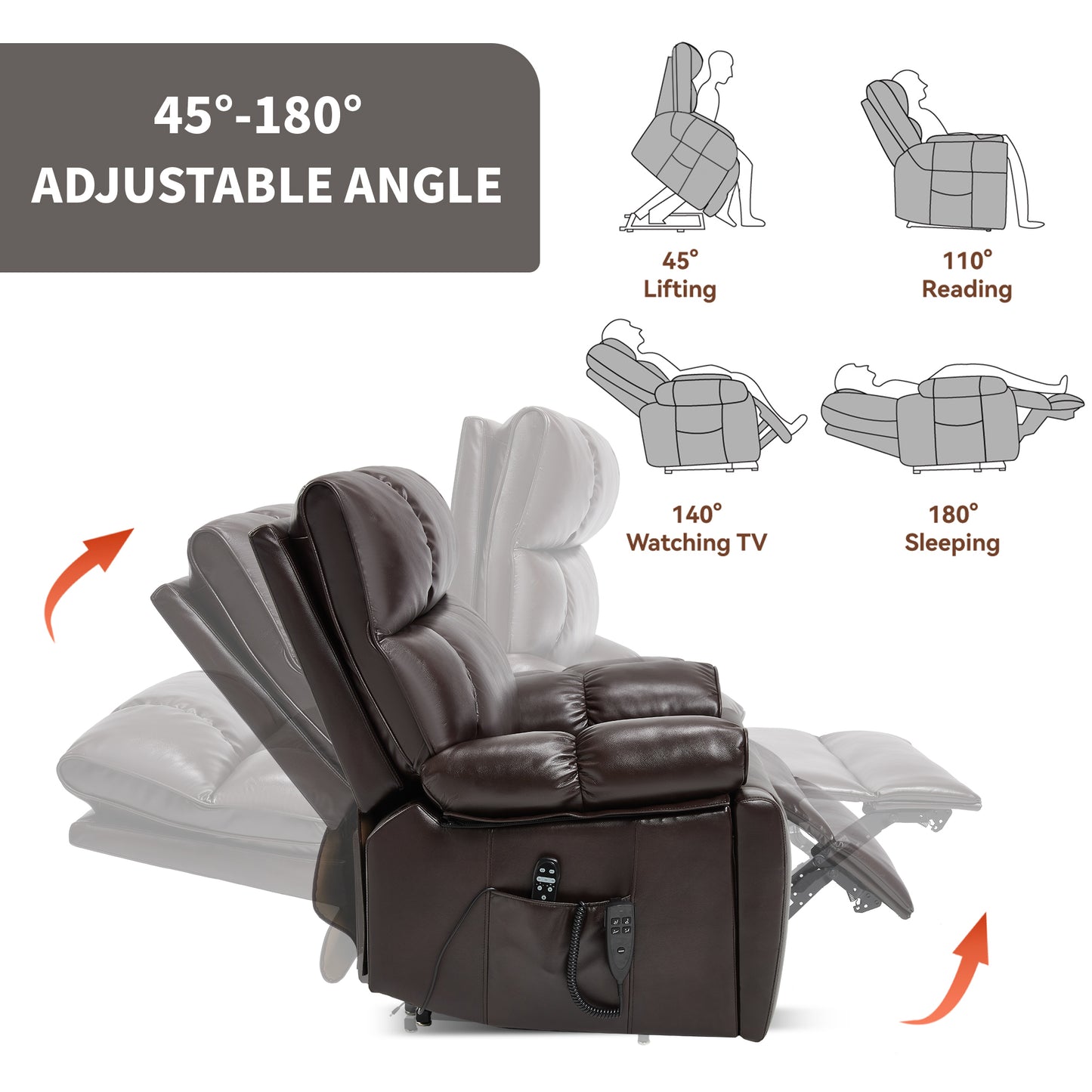 Brown Leatheraire Heat Massage Dual Motor Infinite Position Up to 350 LBS Large Electric Power Lift Recliners with Hidden Cup Holders - detail view 4
