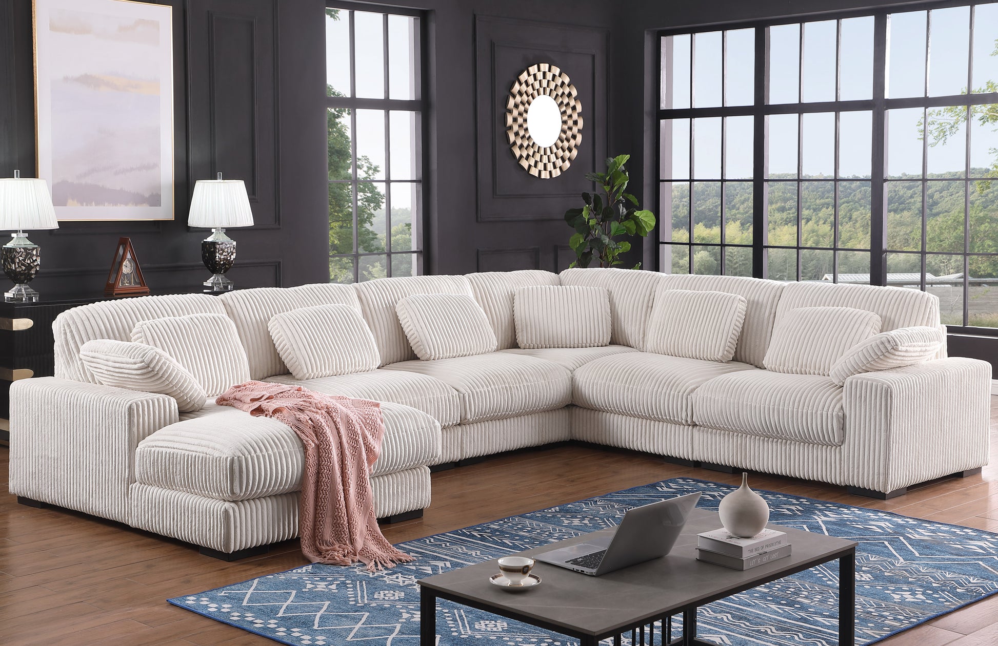 Nadine 155.5'W Beige Corduroy Modular Corner Sectional Sofa with Left-Facing Chaise - primary color shot