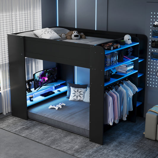 Full Size Wood Bunk Bed with Height-Adjustable Desk - Blue - detail view 2