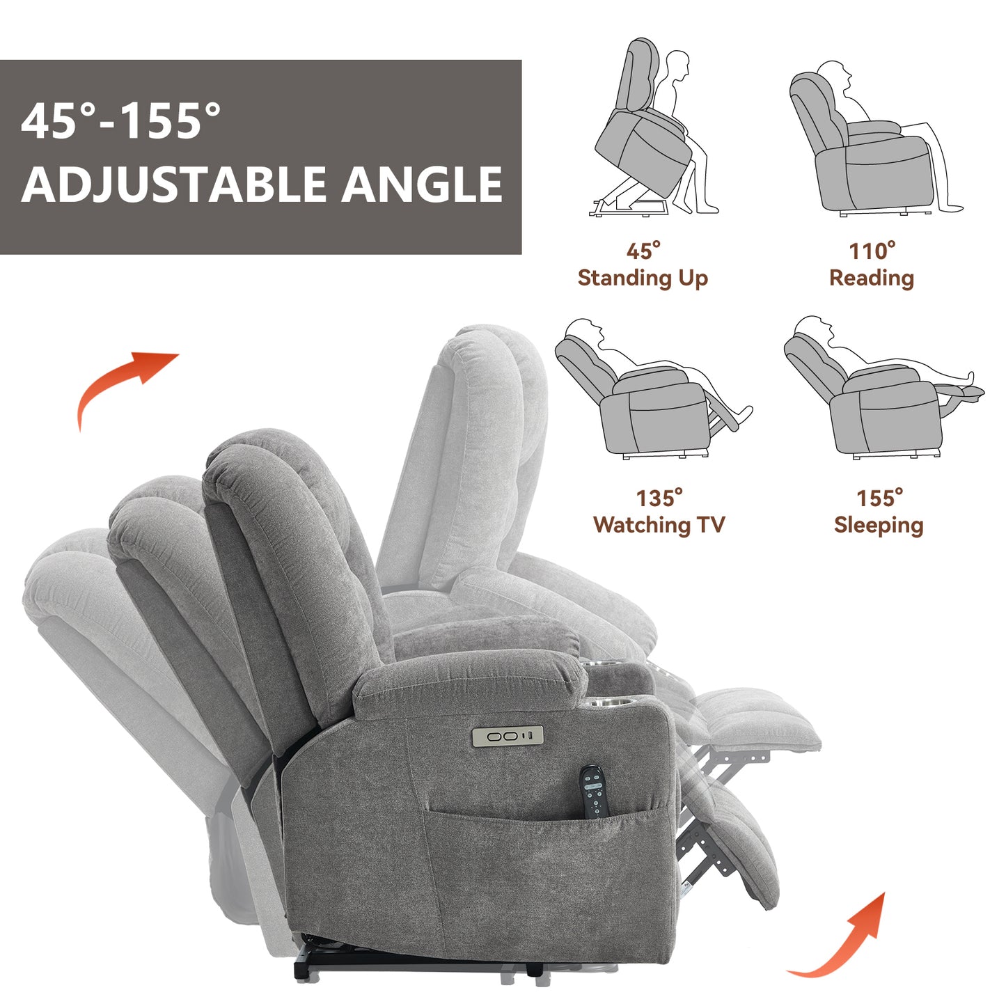 Power Lift Recliner Chair with Massage and Heat for Elderly - Light Gray - detail view 5