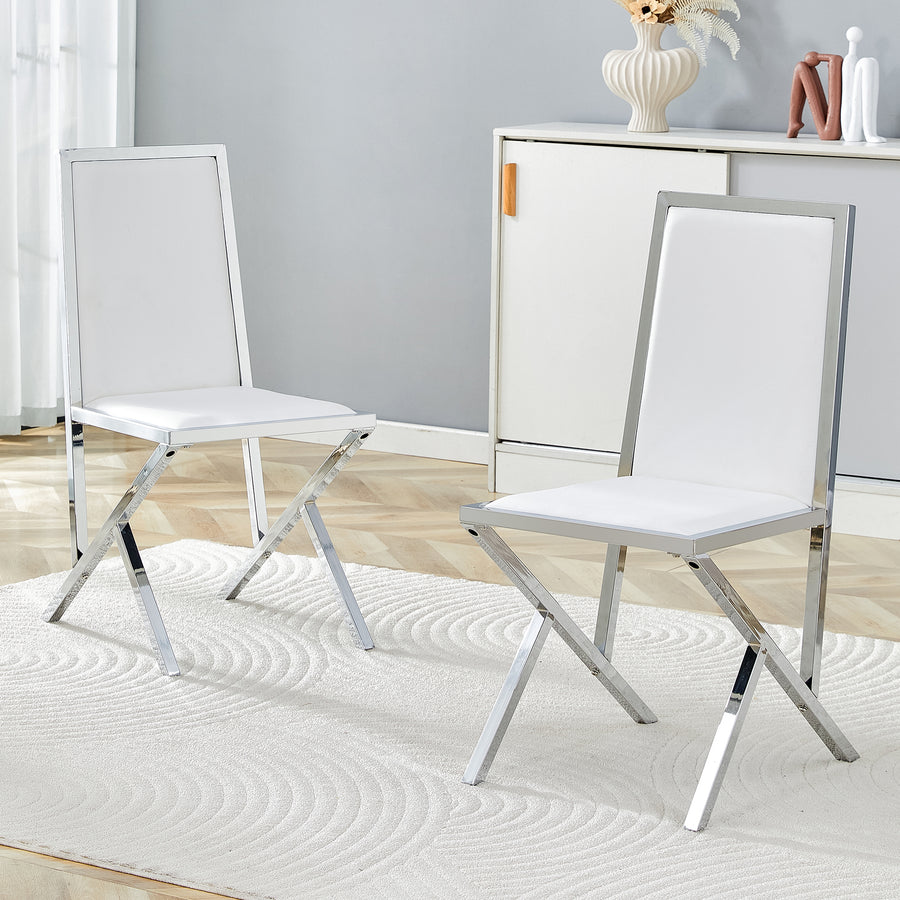 White Upholstered Fabric Steel Frame Dining Chairs with Silver Legs (set of 2) - primary color shot