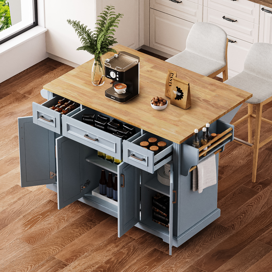 K&k 54" Large Kitchen Island with Rubber Wood Drop Leaf - Grey & Blue - primary color shot