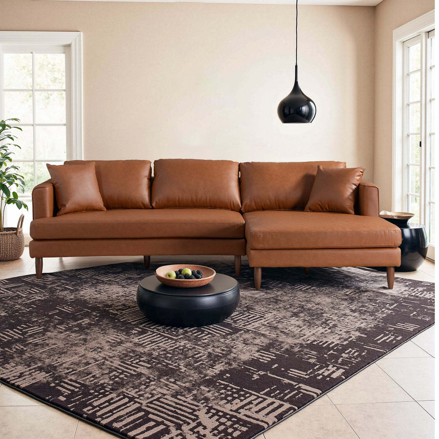 Blake Mid-Century Modern L-Shaped Sectional Sofa in Cognac Vegan Leather with Right Facing Design - detail view 2