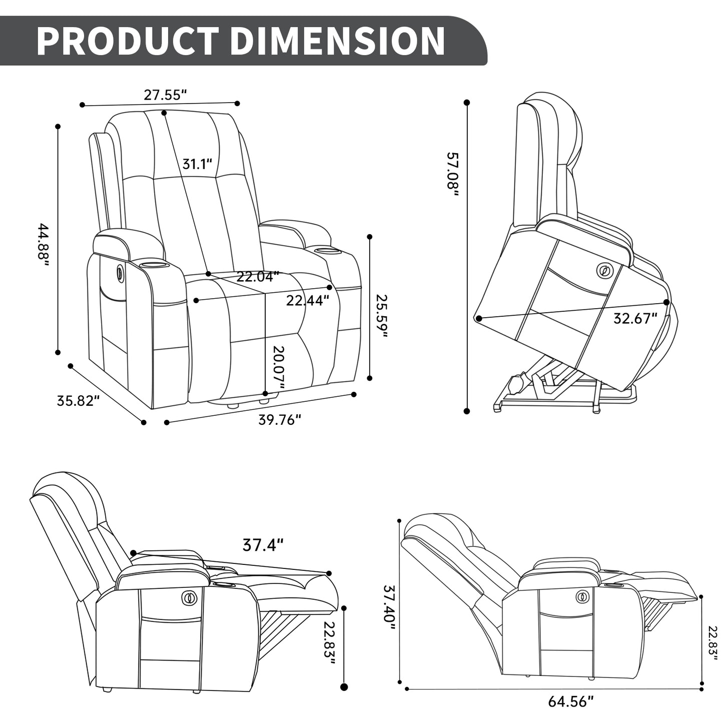Dark Grey PU Linfinite Position Up to 350 LBS Power Lift Recliner Chair for Elderly - Gray - detail view 3