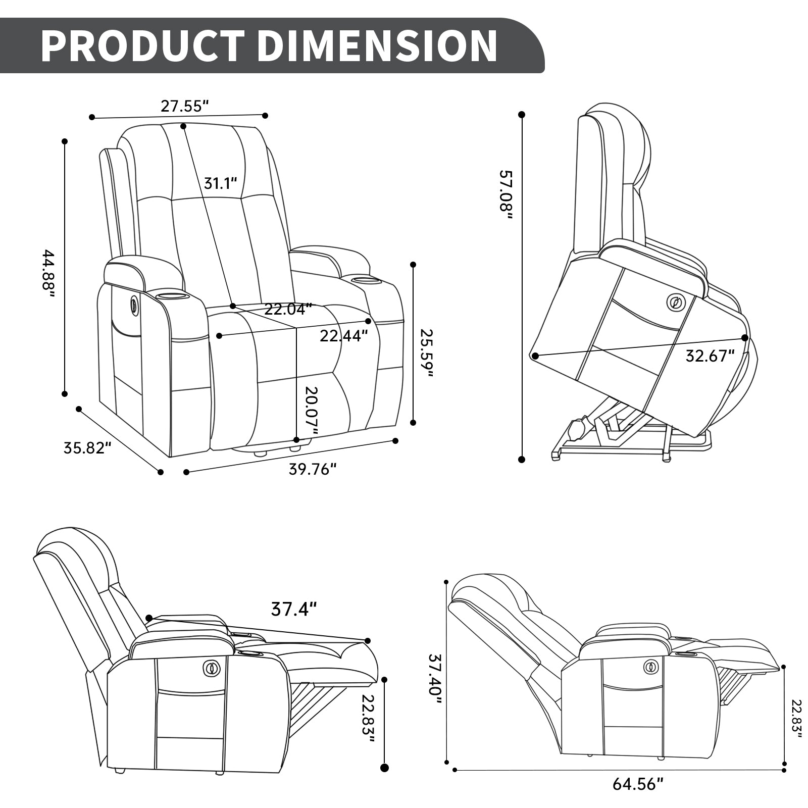 Dark Grey PU Linfinite Position Up to 350 LBS Power Lift Recliner Chair for Elderly - Gray - detail view 3