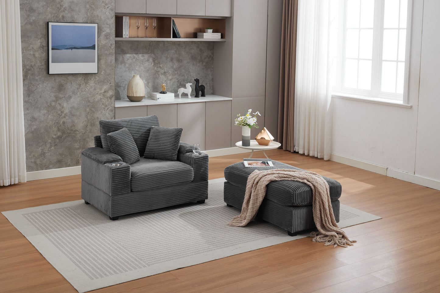 [video/new]corduroy Upholstered Chaise Lounge Sofa with Handrail Storage - Grey - detail view 6