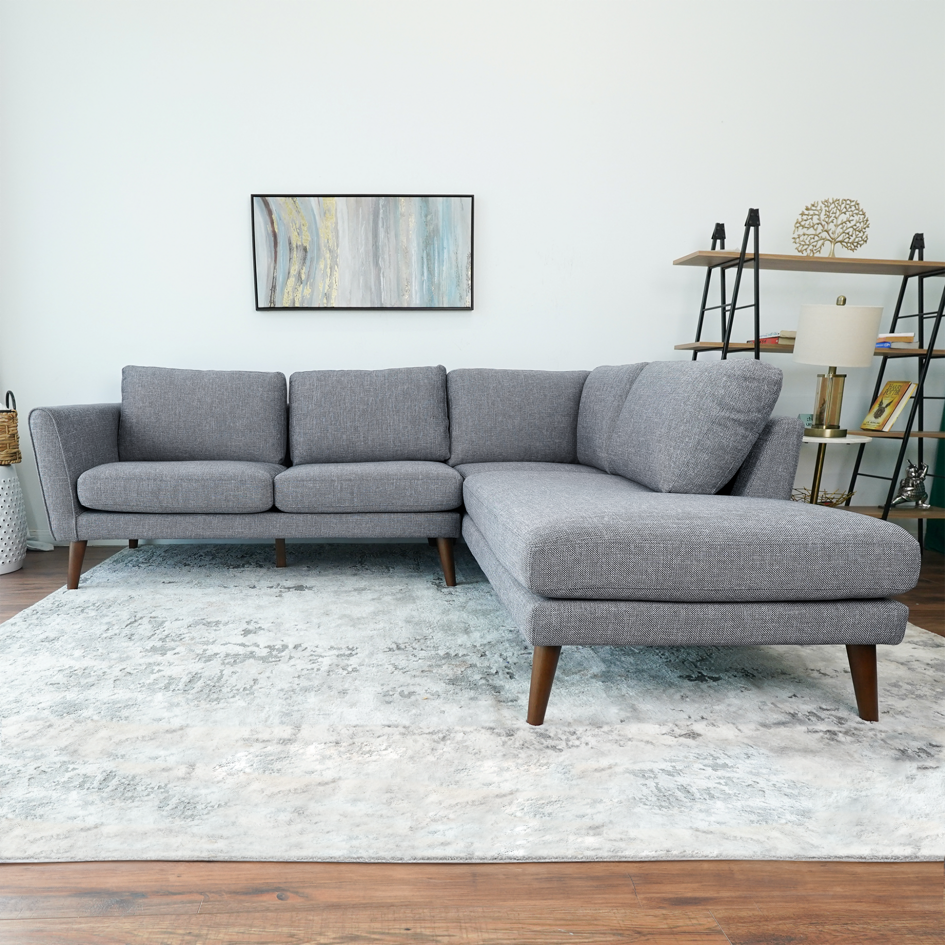 Benson Mid-Century Modern Grey Fabric Sectional Sofa with Right Facing Chaise and Solid Wood Frame - detail view 7