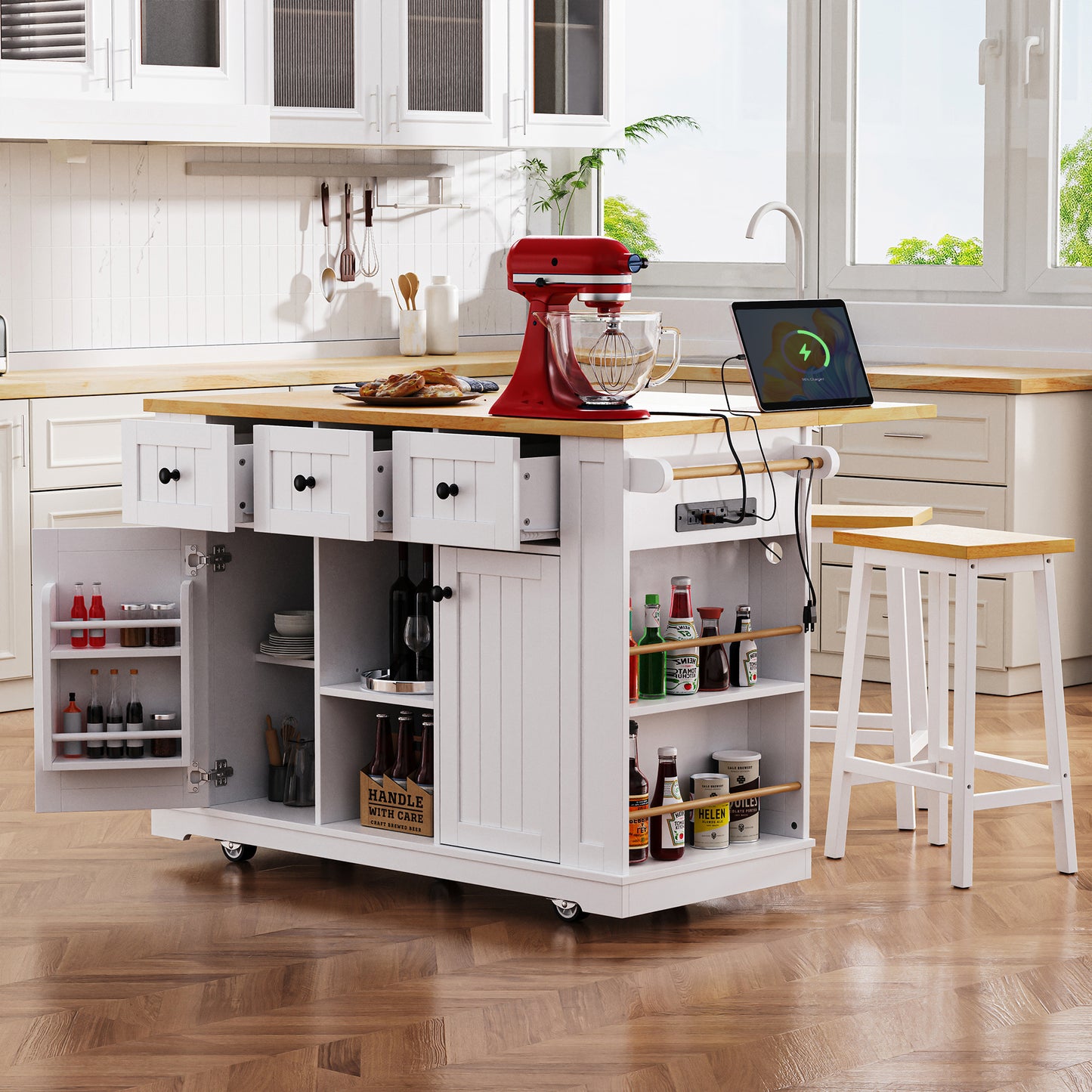 K&k 53" Large Kitchen Island with 2 Bar Stools - White - primary color shot