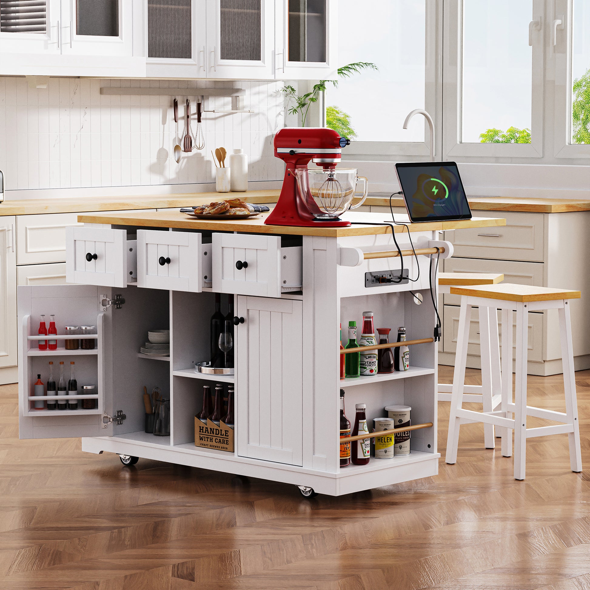 K&k 53" Large Kitchen Island with 2 Bar Stools - White - primary color shot