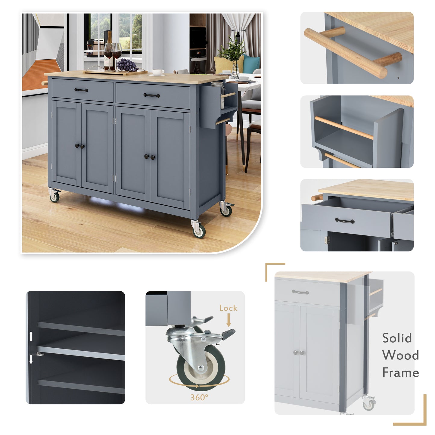 Kitchen Island Cart with Solid Wood Top & Locking Wheels - Blue - detail view 4