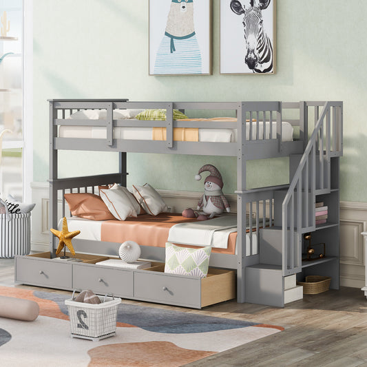 Stairway Twin-over-Twin Bunk Bed with Three Drawers - Gray - primary color shot