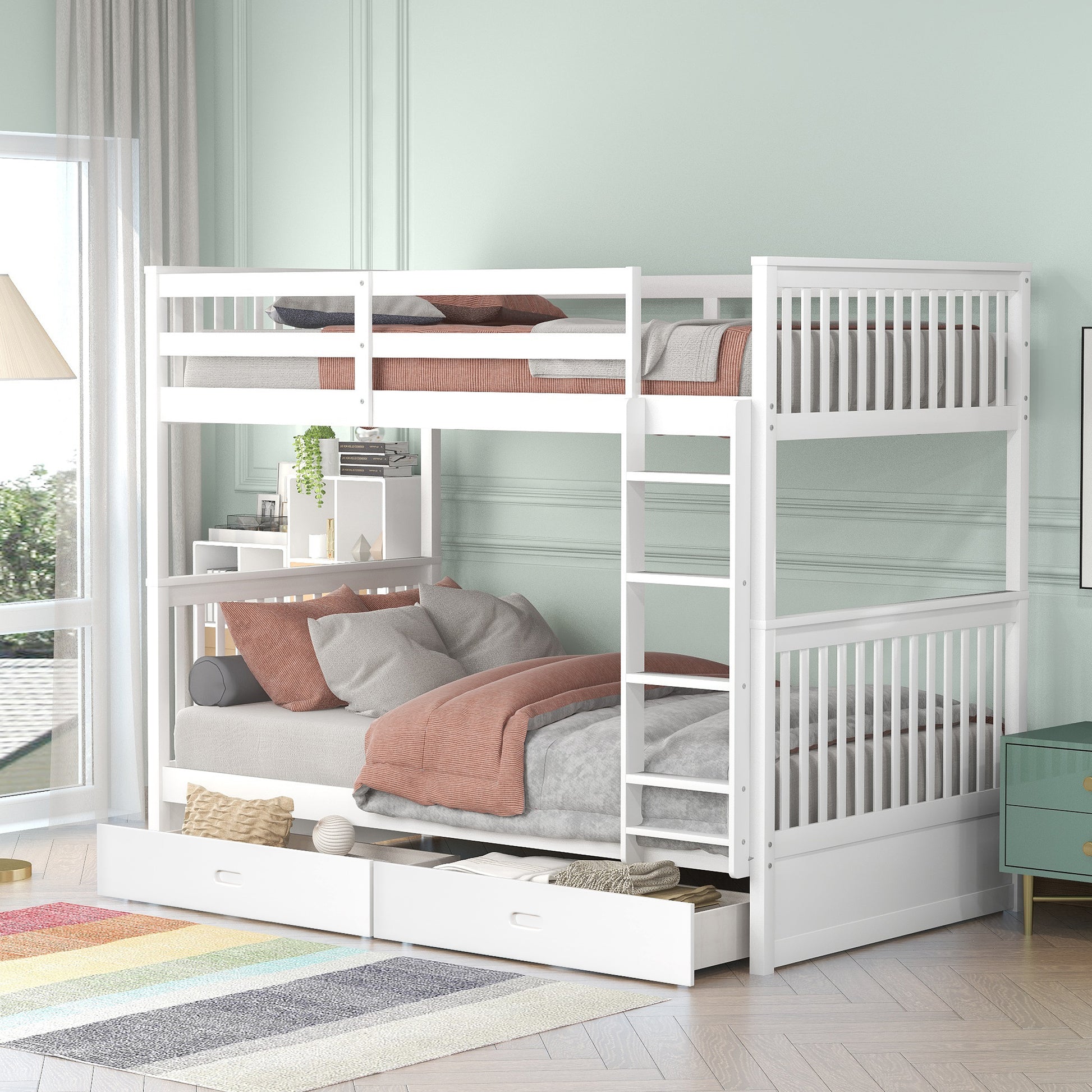 Larkspur Twin-Over-Twin Bunk Bed with Ladders and Two Storage Drawers White