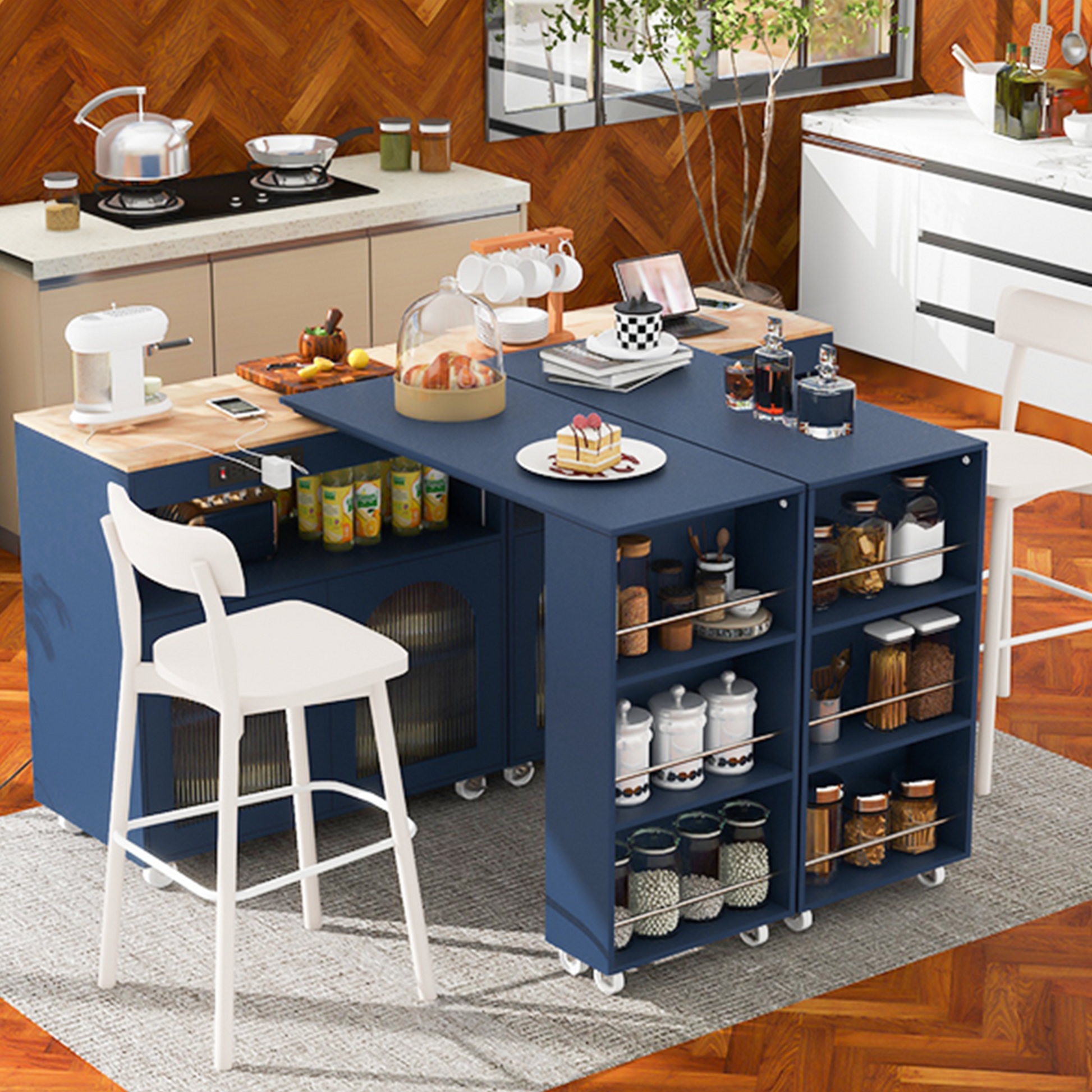 K&k Rolling Kitchen Island with Extended Table - Navy & Blue - detail view 2