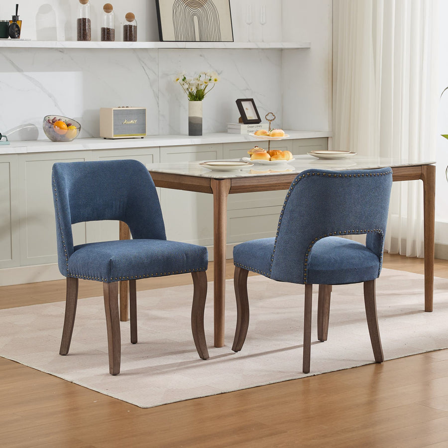 Blue Fabric Dining Chairs with Wood Legs (Set of 2)