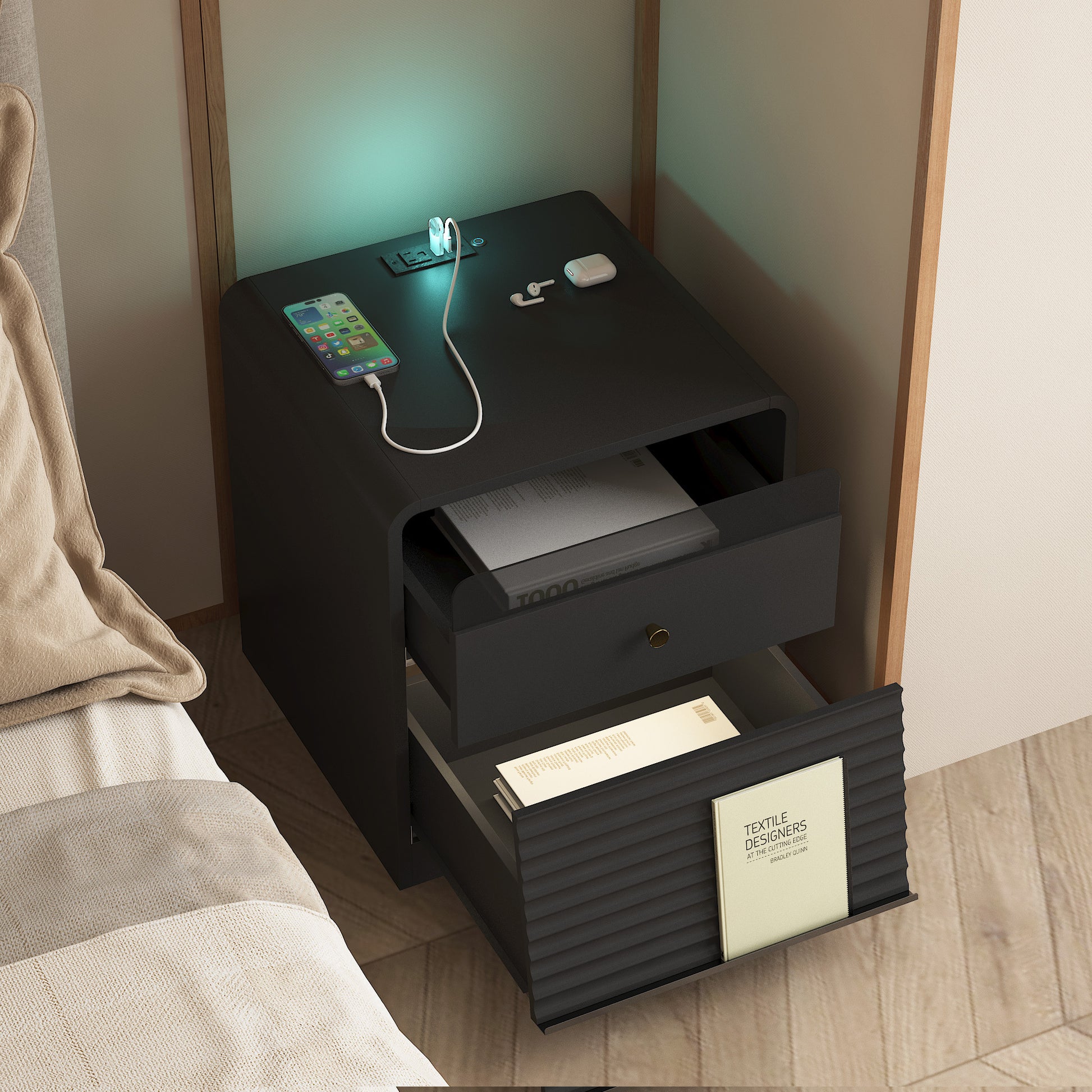 Nightstand with Charging Station - Black - detail view 6