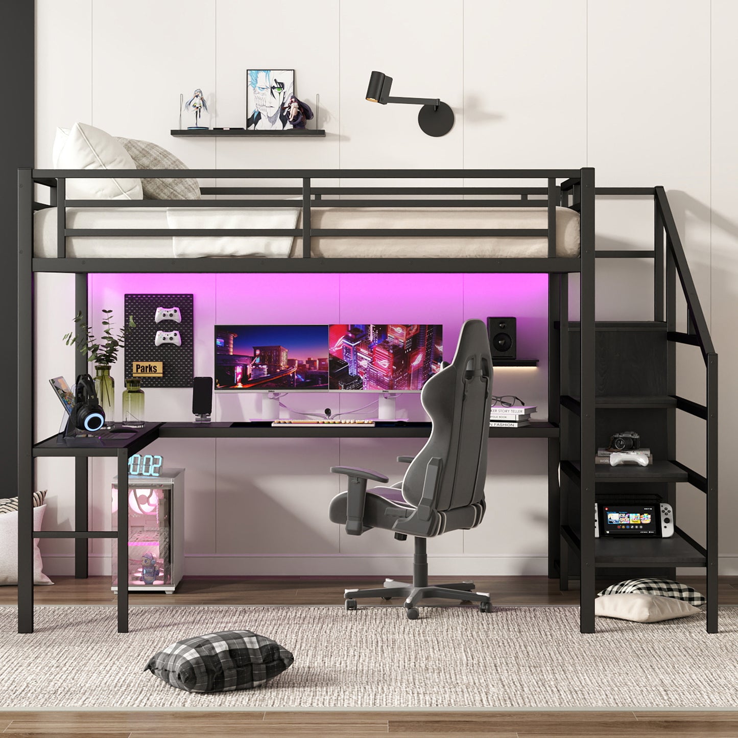 Queen Size Loft Bed with L-Shaped Desk and USB - Black - detail view 3