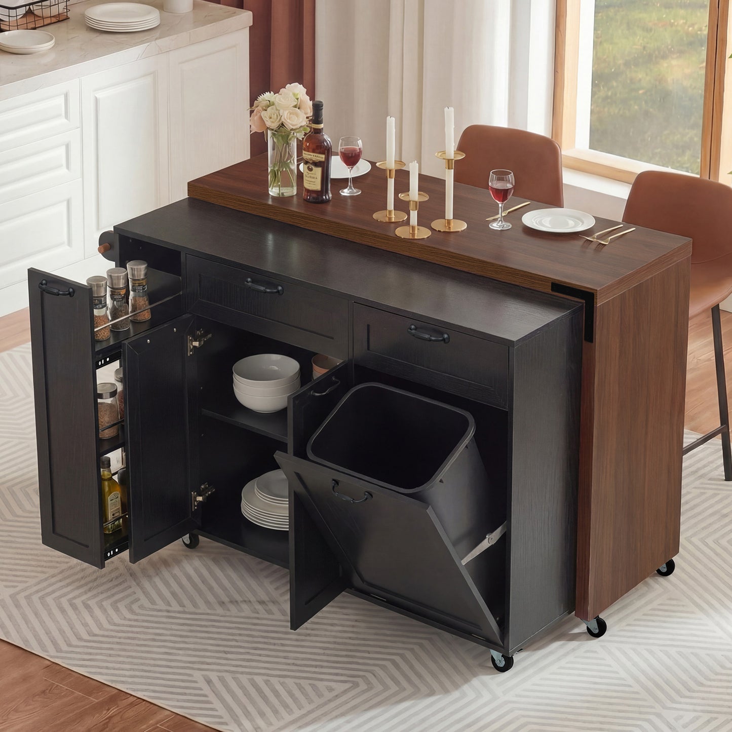 K&k 102.3' Kitchen Island with Extendable Dining Table - Black - primary color shot